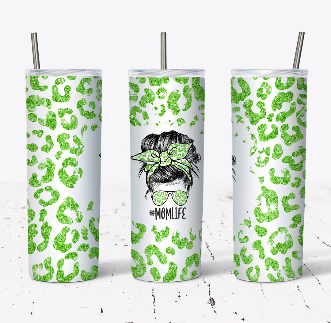 20 OZ Lime Green Glitter Leopard Mom Life Messy Bun Hair Skinny Tumbler ...