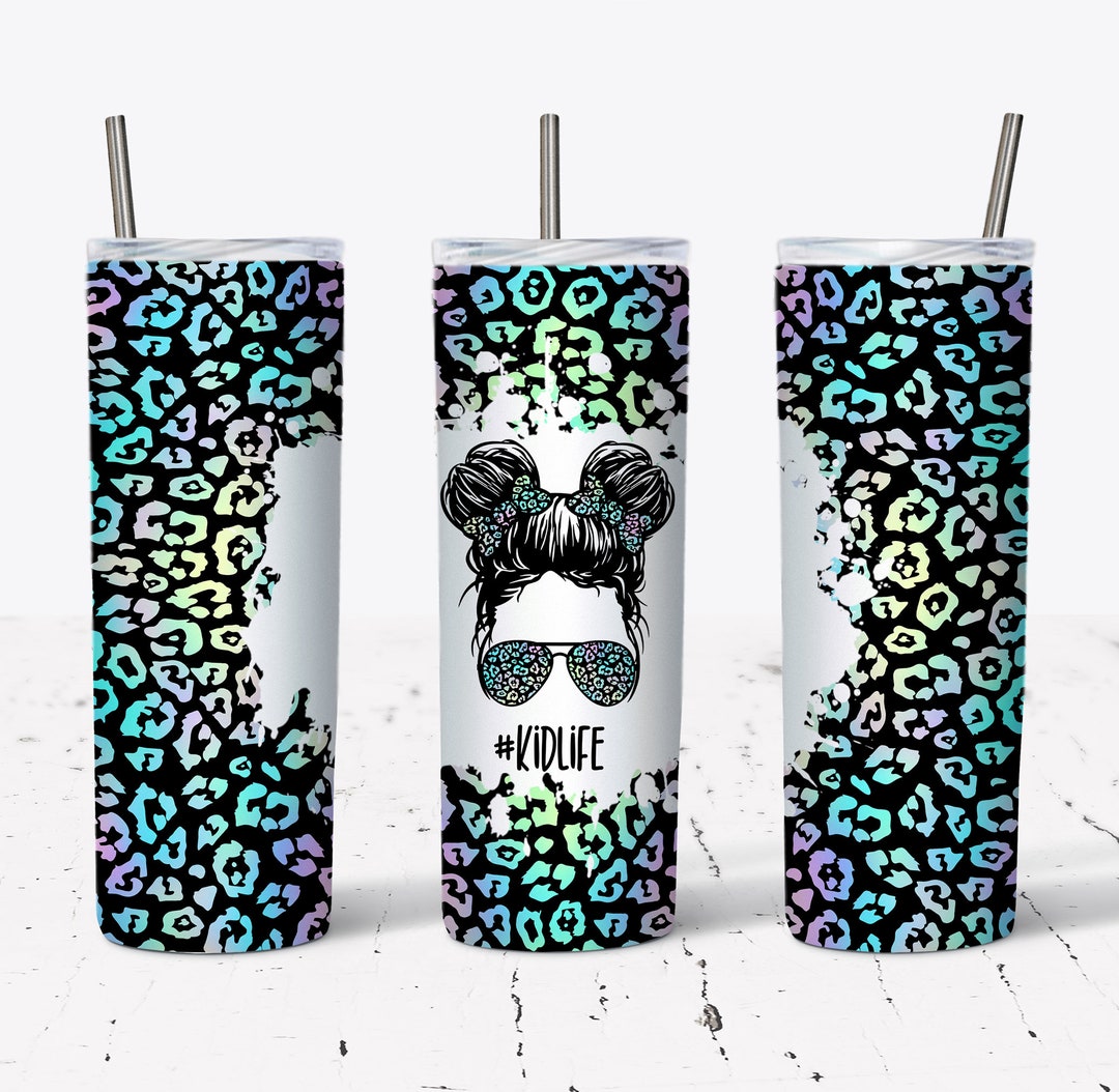 20 OZ Iridescent Leopard Kid Life Messy Bun Sublimation Skinny Tumbler ...