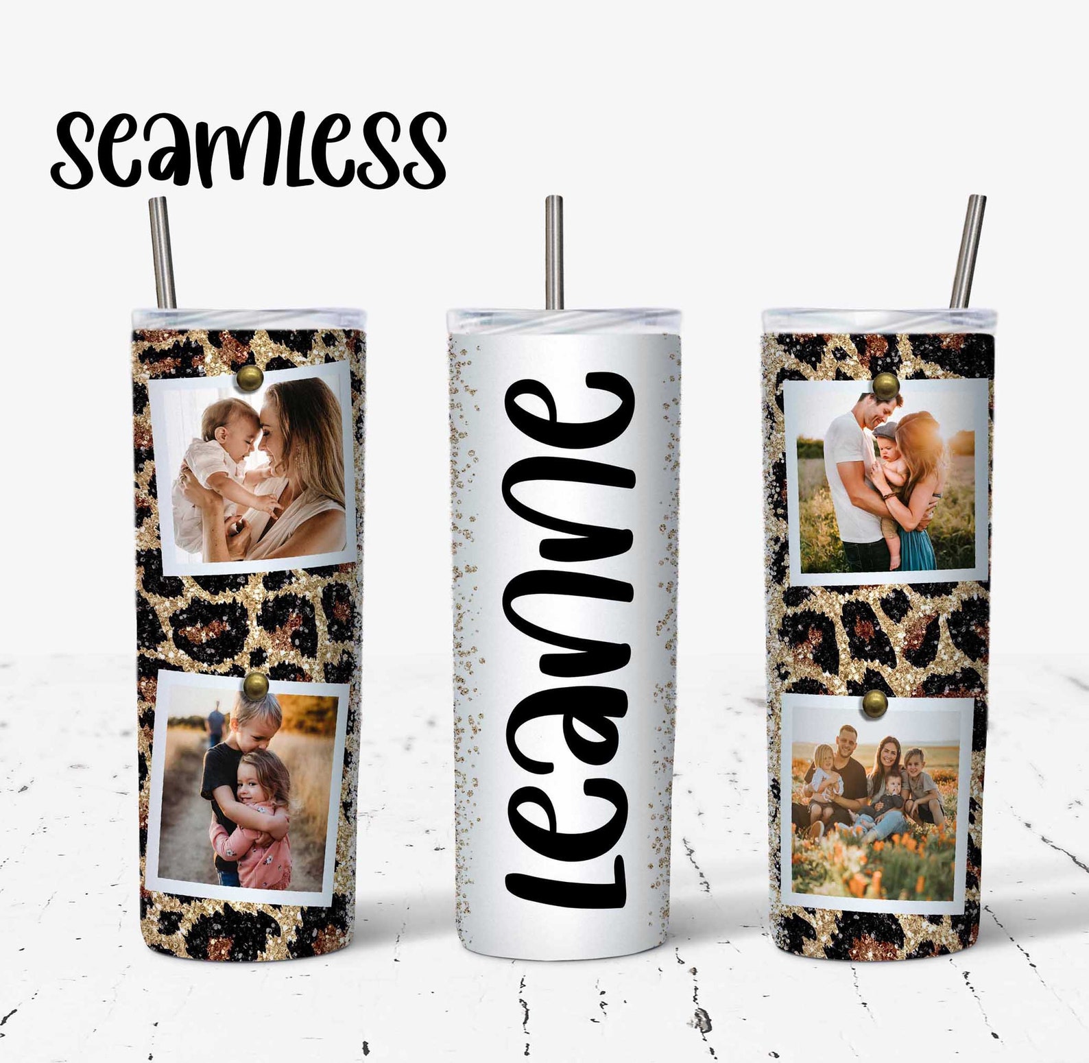 20 OZ Seamless Glitter Leopard Photo Skinny Tumbler Design - Straight ...