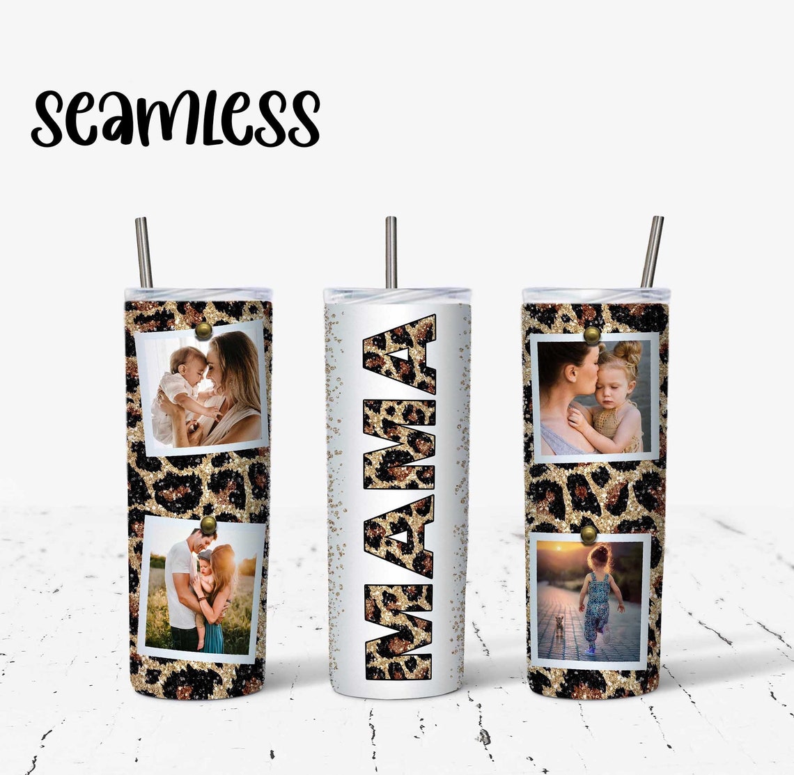 20 OZ Seamless Glitter Leopard Mama Photo Skinny Tumbler Design ...