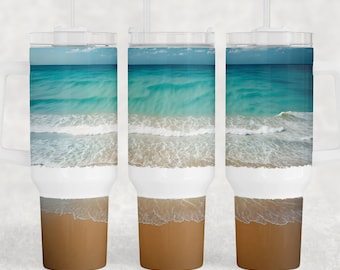 Tropical Beach 40oz Quencher Tumbler Wrap - Diseño de vaso PNG sin costuras Descarga de diseño de sublimación - Vaso de sublimación con envoltura de mango
