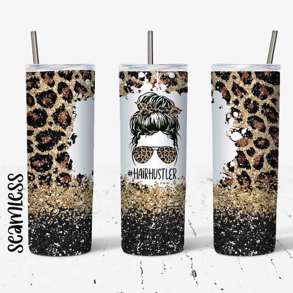 20 OZ Hair Hustler Glitter Leopard Messy Bun Hair Skinny Tumbler Design - Straight & Tapered Sublimation Wrap Design - Tumbler PNG