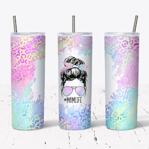 20 OZ Iridescent Leopard Mom Life Messy Bun Skinny Tumbler Design - Straight & Tapered Sublimation Wrap Design - Tumbler PNG - Template