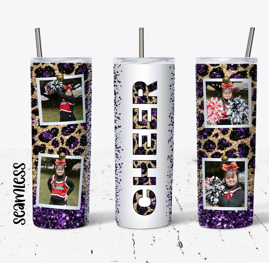 Purple Glitter Leopard Cheer Photo Tumbler Wrap - 20 Oz Skinny Tumbler ...
