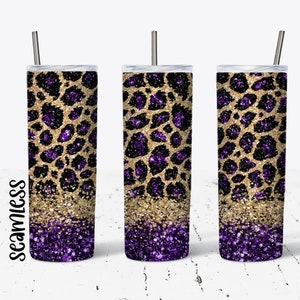 20 OZ Seamless Purple Glitter Leopard Skinny Tumbler Design - Straight & Tapered Sublimation Wrap Design - Tumbler PNG - Template