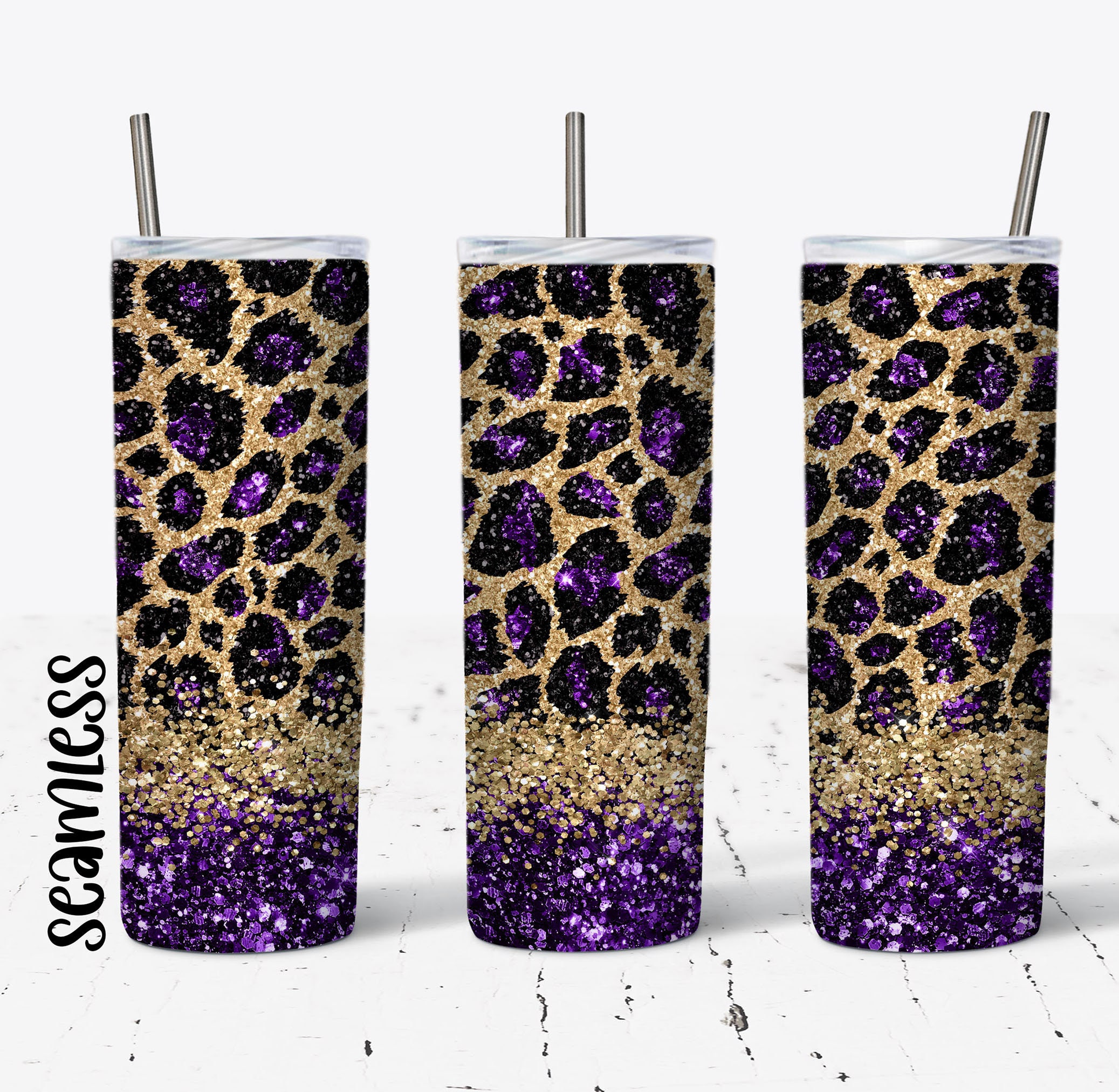 20 OZ Seamless Purple Glitter Leopard Skinny Tumbler Design - Straight ...