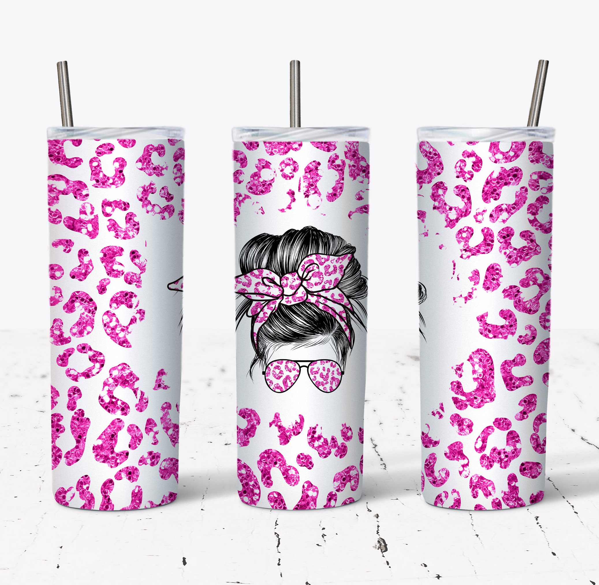 20 OZ Hot Pink Leopard Glitter Messy Bun Hair Skinny Tumbler Design ...