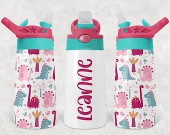 Pink Dinosaur Kids Flip Top Water Bottle Sublimation Design - Straight & Tapered - 12 Oz Flip Top Design - Flip Top Sippy Cup PNG - Add Name