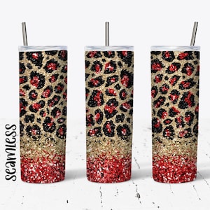 20 OZ Seamless Red Glitter Leopard Skinny Tumbler Design - Straight & Tapered Sublimation Wrap Design - Tumbler PNG - Template