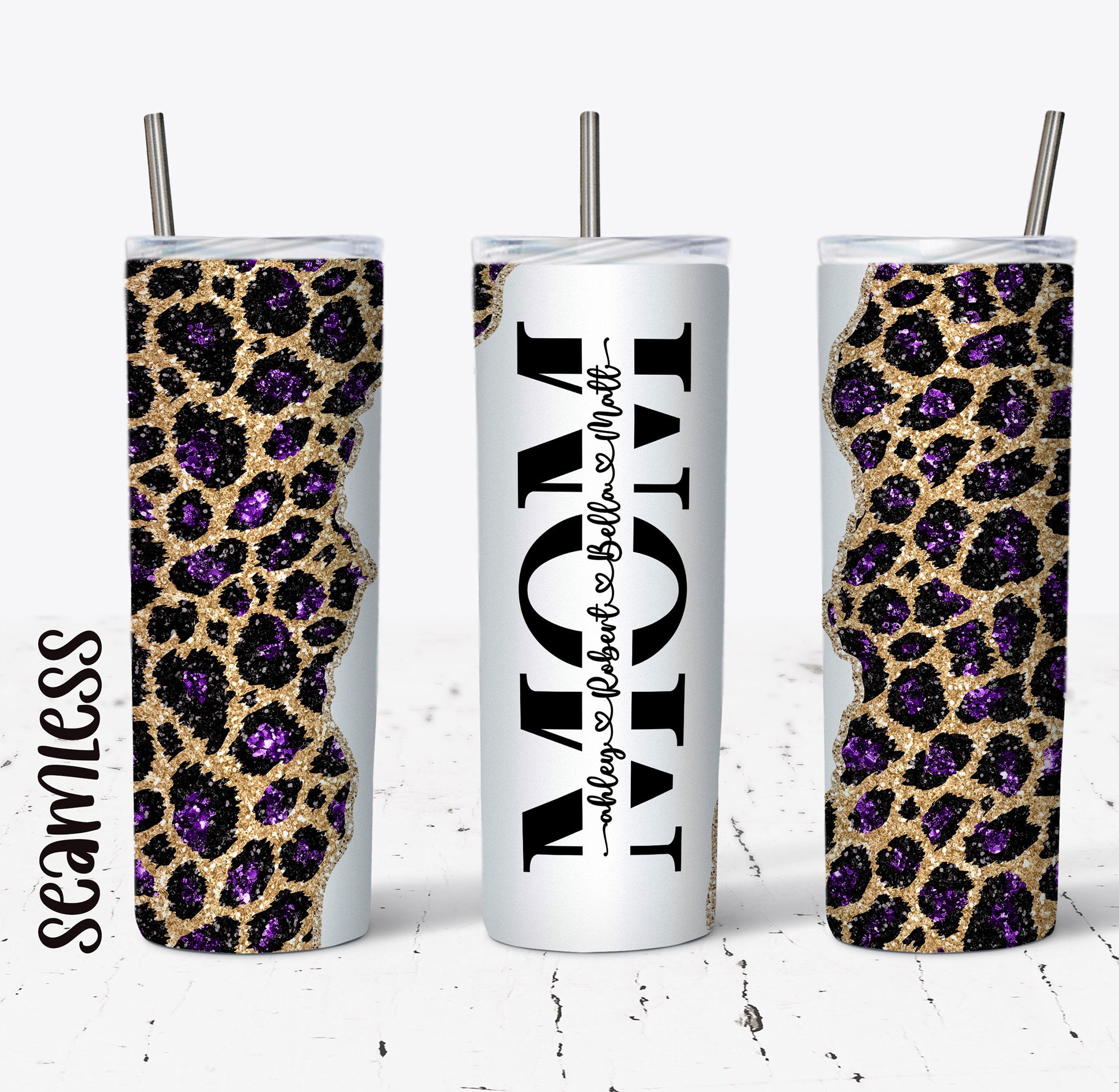 Purple Glitter Leopard Mom Add Your Names Tumbler Wrap - 20 Oz Skinny ...