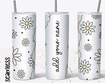 Yellow Daisies Add Your Own Text Name Tumbler Wrap - 20 Oz Skinny Tumbler - Sublimation Design - Digital Download - Seamless Tumbler PNG