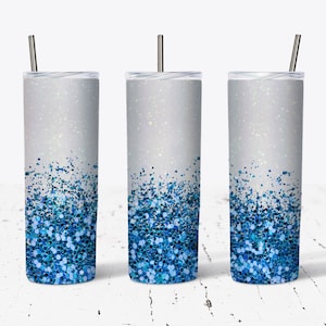 20 OZ Blue Glitter Border Skinny Tumbler Design - Straight & Tapered Sublimation Wrap Design - Tumbler PNG - Template