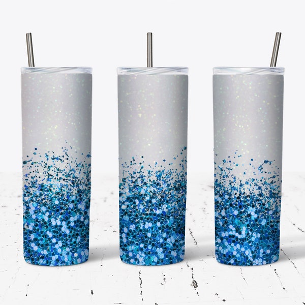 20 OZ Blue Glitter Border Skinny Tumbler Design - Straight & Tapered Sublimation Wrap Design - Tumbler PNG - Template