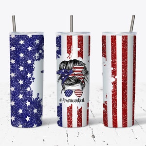 20 OZ American Girl Glitter Flag Messy Bun Girl Skinny Tumbler Design - Straight & Tapered Sublimation Wrap Design - Tumbler PNG - Template