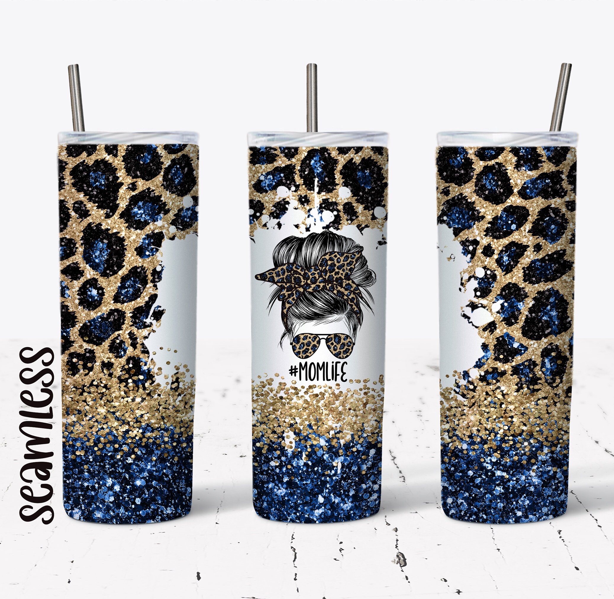 20 OZ Seamless Navy Glitter Leopard Mom Life Skinny Tumbler Design ...