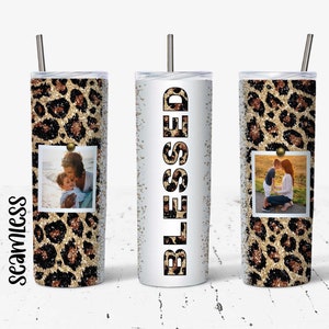 Glitter Leopard Blessed Photo Tumbler Wrap - 20 Oz Skinny Tumbler Sublimation Design - Straight & Tapered - Digital Download - Tumbler PNG