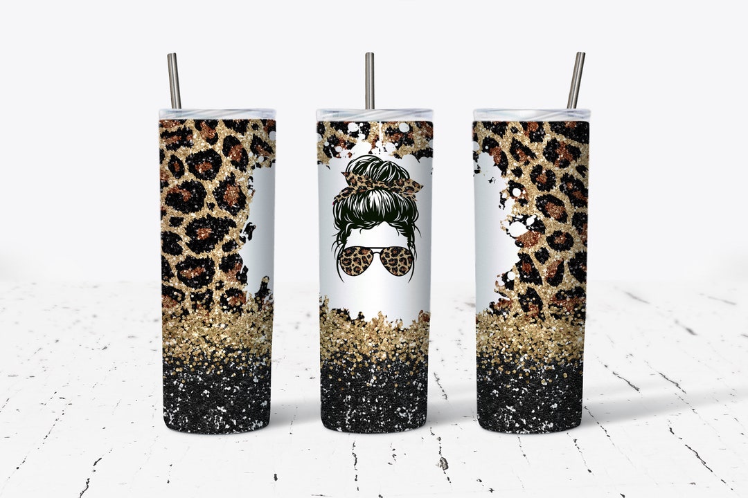 20 OZ Glitter Leopard Messy Bun Hair Skinny Tumbler Design - Straight ...