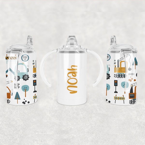 Construction Sippy Cup Sublimation Wrap - 12 Oz Straight  Sippy Cup Tumbler Design PNG - Digital Download - Add Your Name
