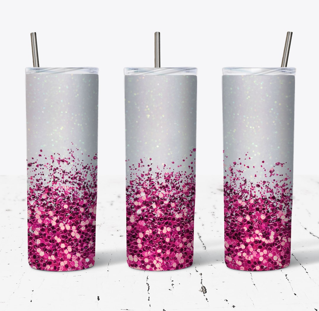 20 OZ Hot Pink Glitter Border Skinny Tumbler Design - Straight ...