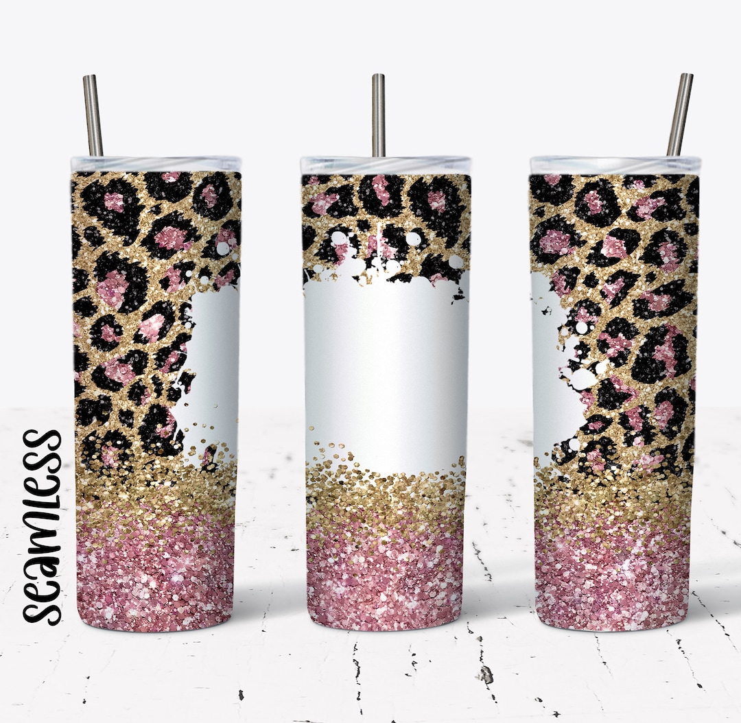 20 OZ Seamless Pink Glitter Leopard Skinny Tumbler Design - Straight ...