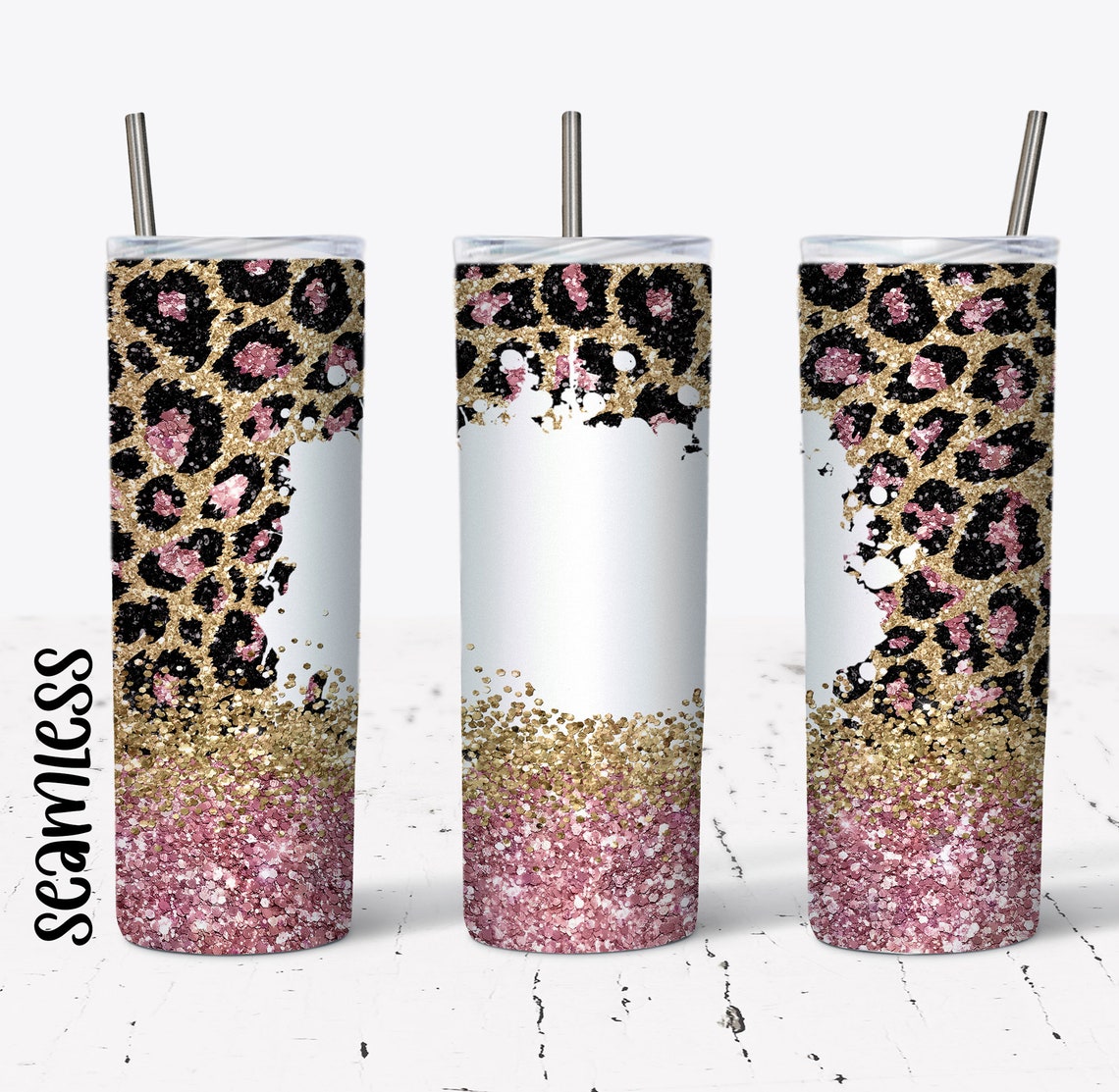 20 OZ Seamless Pink Glitter Leopard Skinny Tumbler Design - Straight ...