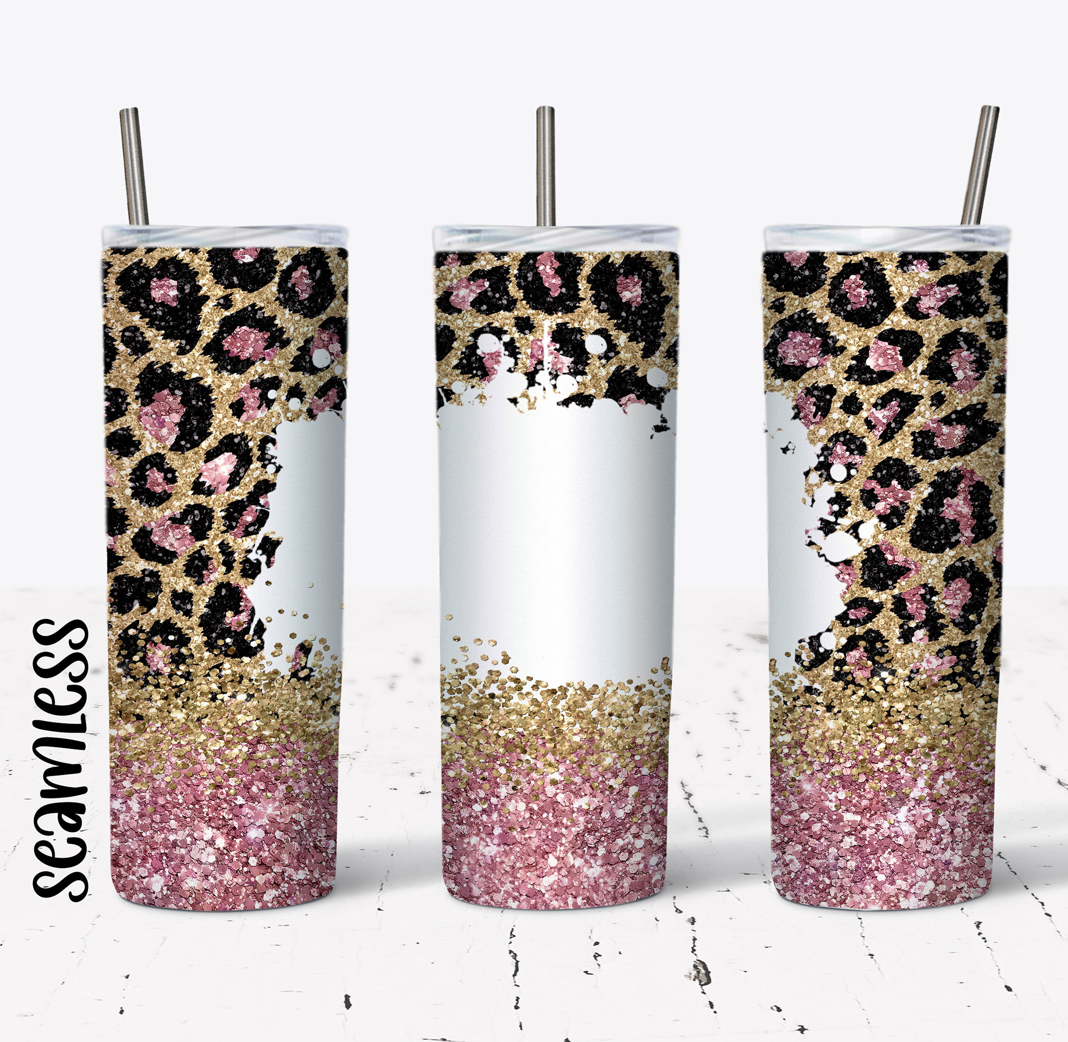 20 OZ Seamless Pink Glitter Leopard Skinny Tumbler Design - Straight ...