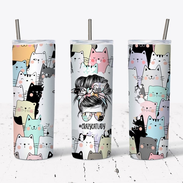 20 OZ Crazy Cat Lady Sublimatie Skinny Tumbler Design - Recht & Taps toelopende Sublimatie Wrap Design - Tumbler PNG - Sjabloon