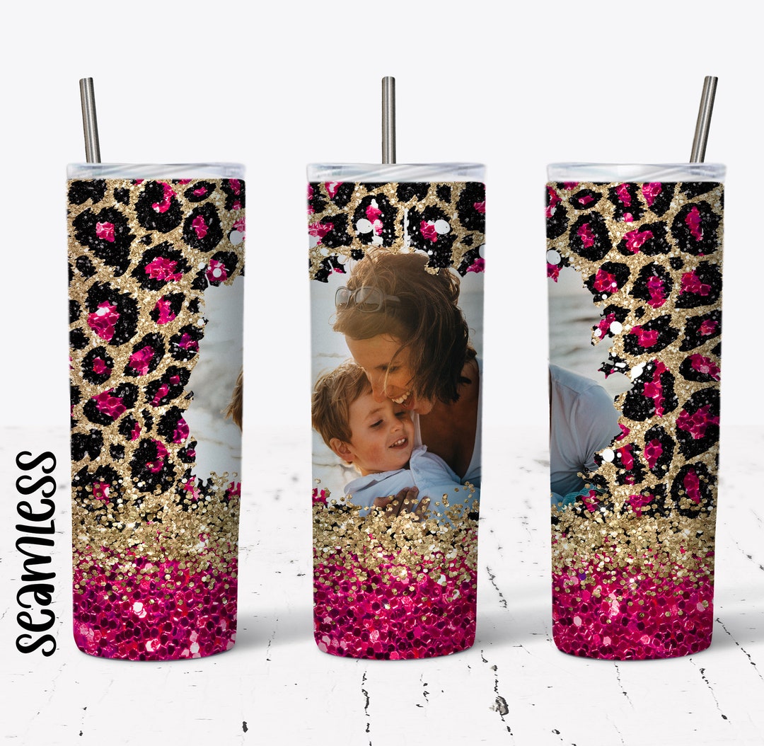 20 OZ Seamless Hot Pink Glitter Leopard Photo Skinny Tumbler Design ...