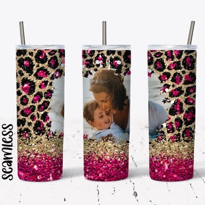 20 OZ Seamless Hot Pink Glitter Leopard Photo Skinny Tumbler Design - Straight Sublimation Wrap Design - Tumbler PNG - Template