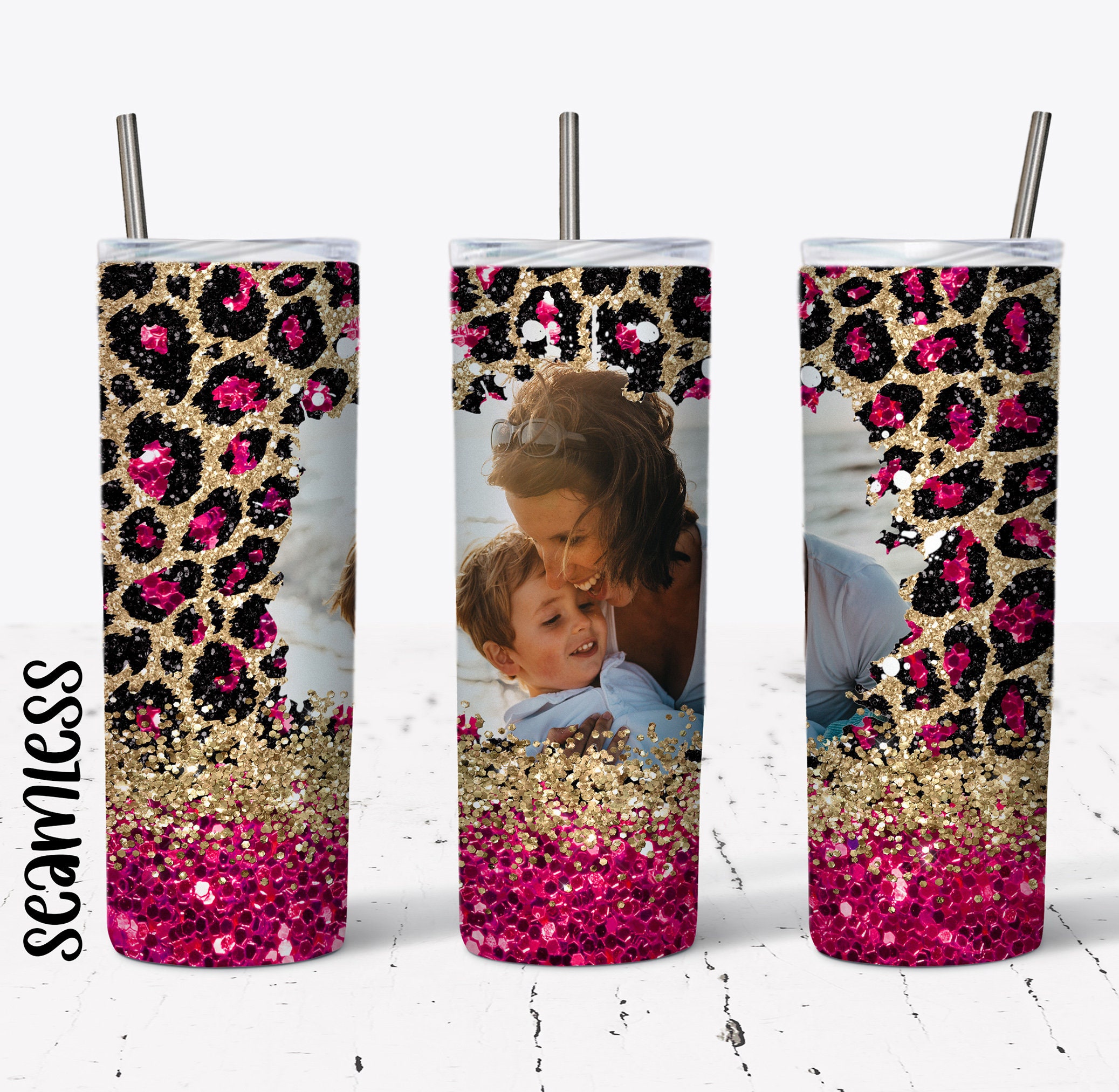 20 OZ Seamless Hot Pink Glitter Leopard Photo Skinny Tumbler Design ...