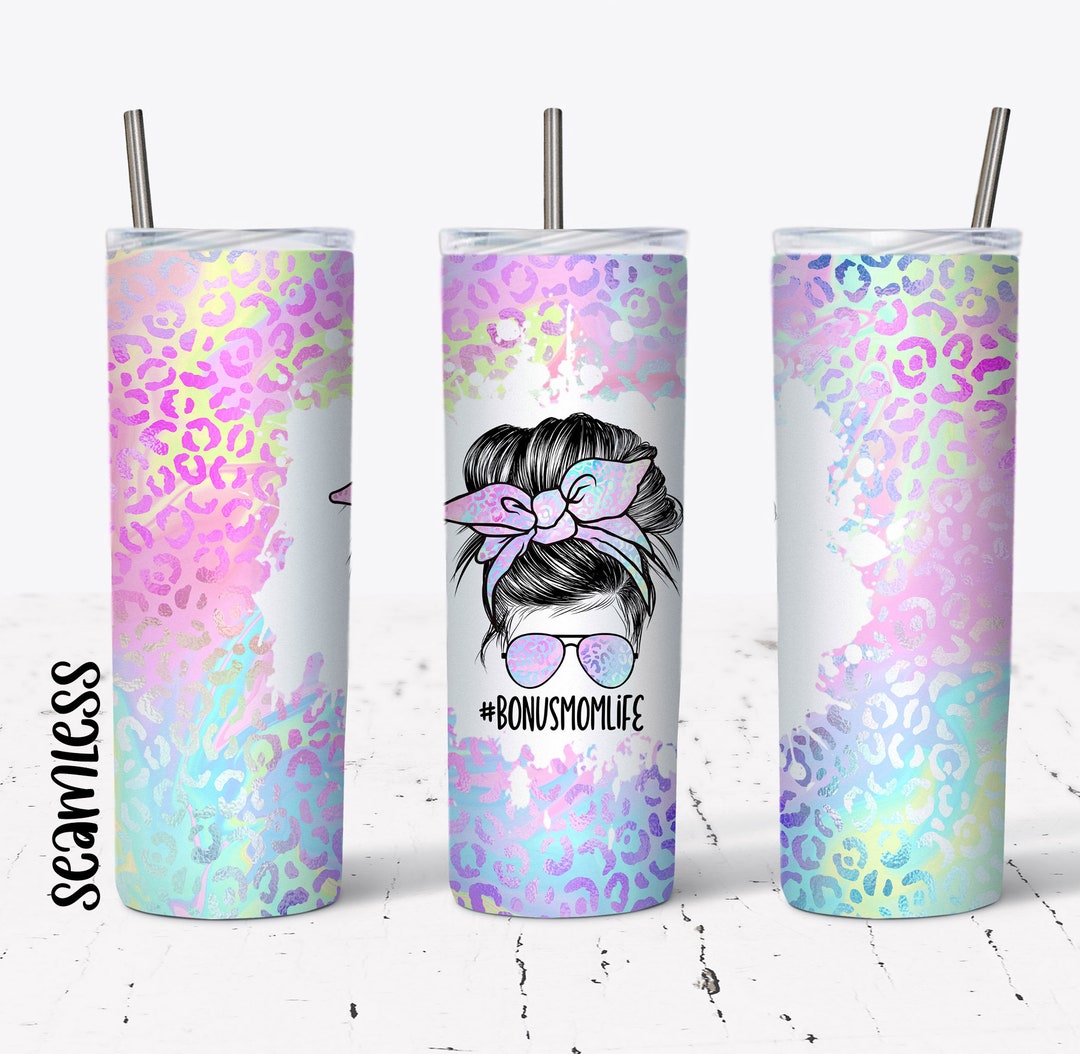 20 OZ Seamless Iridescent Leopard Bonus Mom Life Skinny Tumbler Design ...