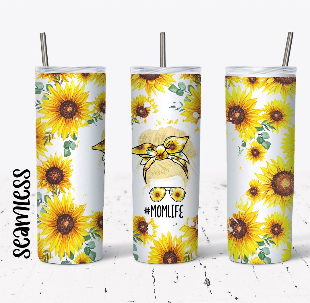 20 OZ Seamless Sunflowers Mom Life Messy Bun Blonde Hair Skinny Tumbler ...