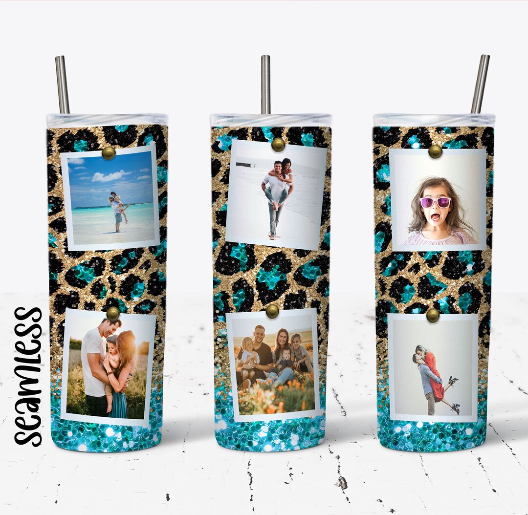20 OZ Seamless Teal Glitter Leopard Photo Skinny Tumbler Design ...