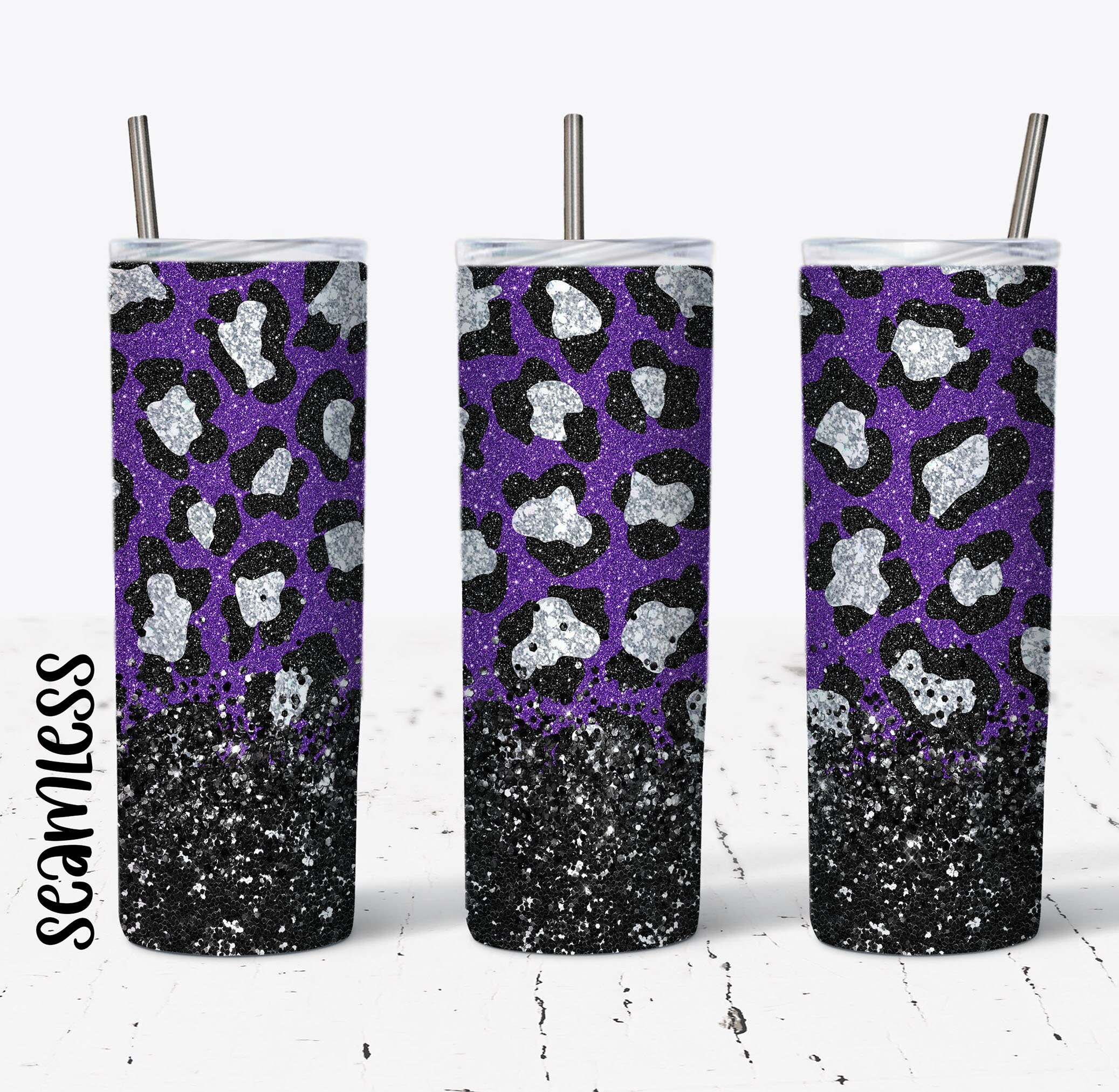 20 OZ Seamless Purple Glitter Leopard Skinny Tumbler Design - Straight ...
