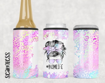 Leopard Mom Life 4 in 1 Can Cooler Wrap -  Can Cooler Sublimation Design PNG - Messy Bun Girl - Instant Digital Download - Messy Bun Girl