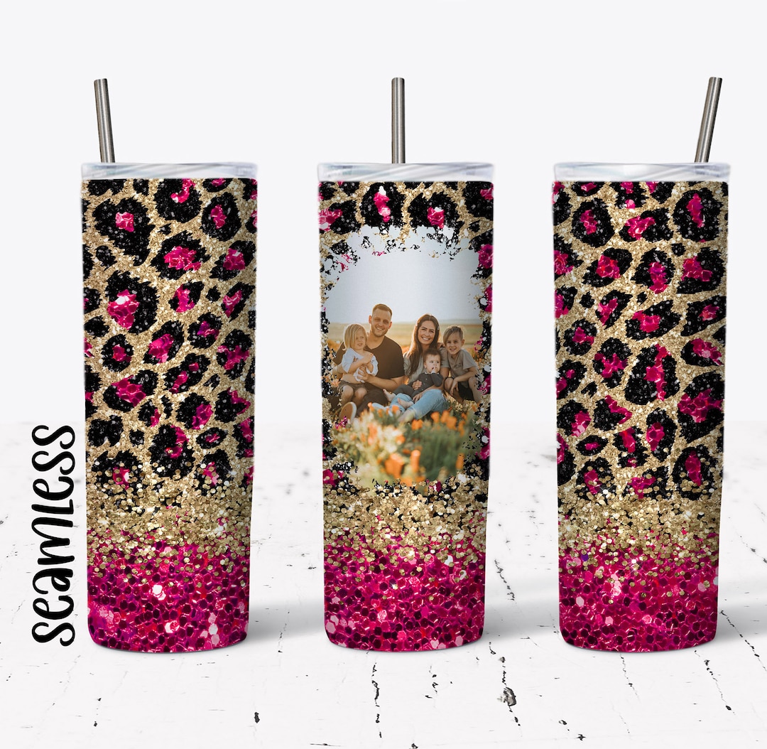 20 OZ Seamless Hot Pink Glitter Leopard Photo Skinny Tumbler Design ...