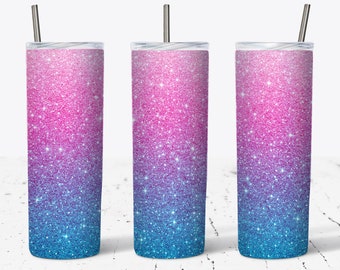 20 OZ Hot Pink And Blue Gradient Glitter Skinny Tumbler  Design - Straight & Tapered Sublimation Wrap Design - Tumbler PNG - Template