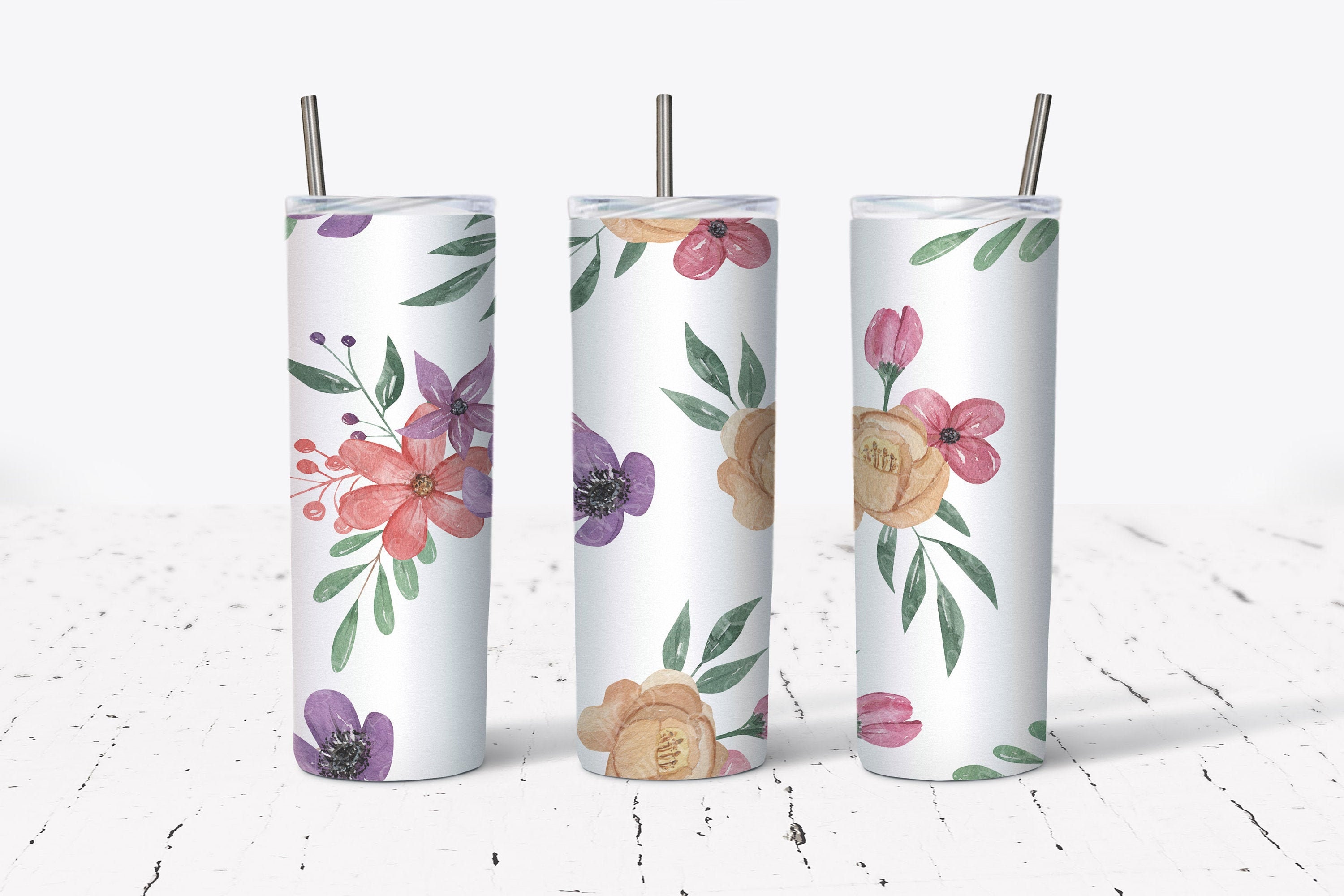 Watercolor Flower Tumbler Wrap Design 20 Oz Skinny tumbler Etsy