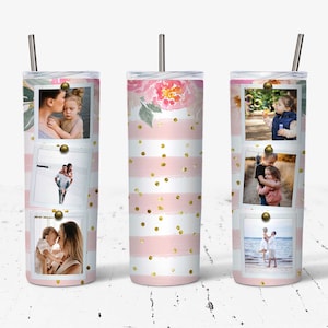 20 OZ Pink Floral Stripe 6 Photo Skinny Tumbler Design - Straight & Tapered Sublimation Wrap Design - Tumbler PNG