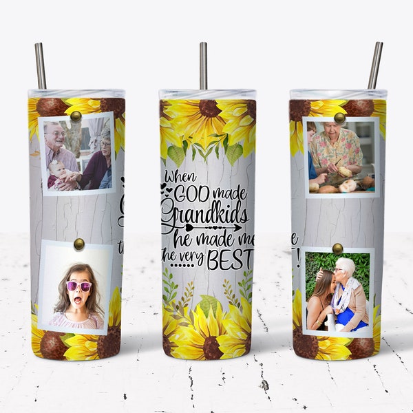 20 OZ When God Made Grandkids 4 Photos Skinny Tumbler Design - Straight & Tapered Sublimation Wrap Design - Tumbler PNG - Sunflowers