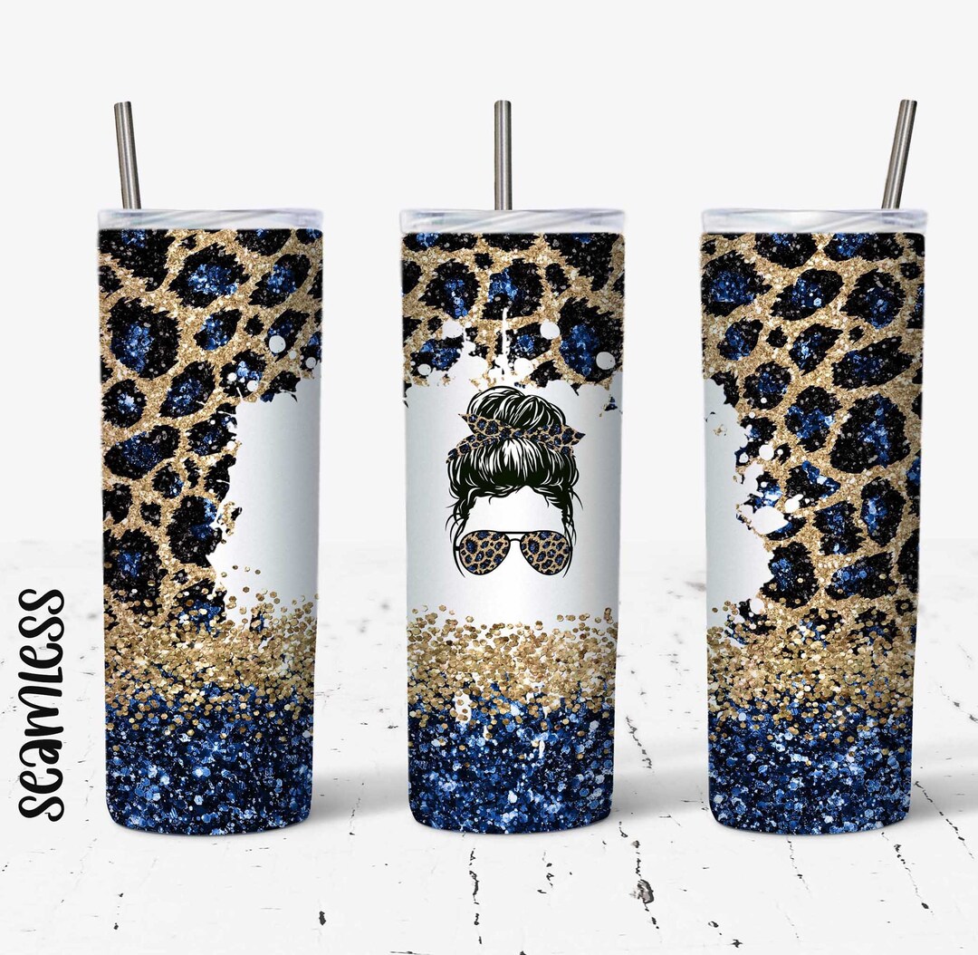 20 OZ Blue Glitter Leopard Messy Bun Skinny Tumbler Design - Straight ...