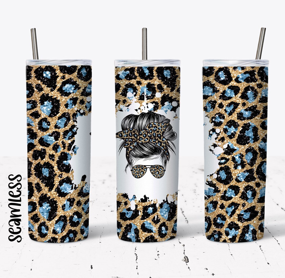 20 OZ Blue Glitter Leopard Messy Bun Hair Skinny Tumbler Design ...