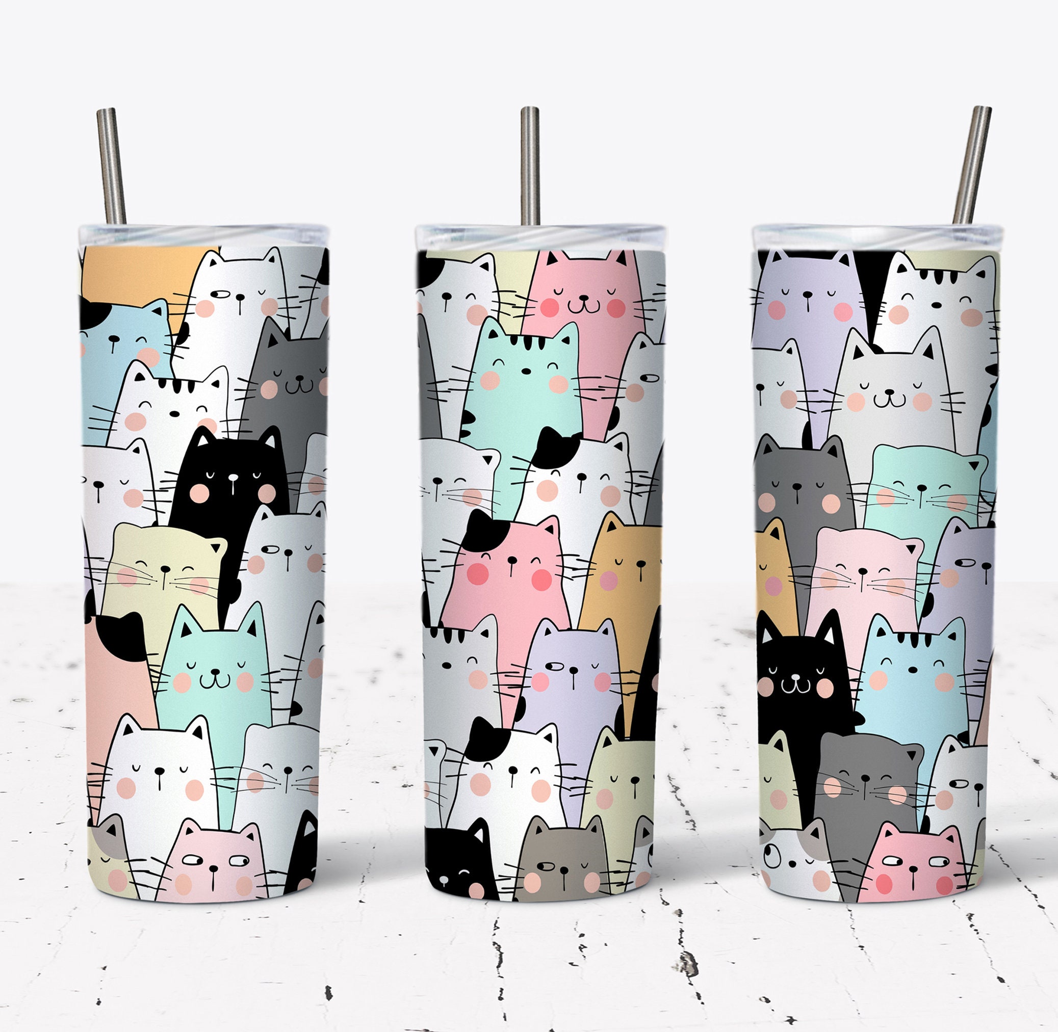 20 OZ Cute Cats Sublimation Skinny Tumbler Design Straight Etsy