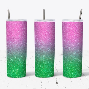 20 OZ  Pink and Green Gradient Ombre Glitter Skinny Sublimation Tumbler  Design - Straight & Tapered Sublimation Wrap Design - Tumbler PNG