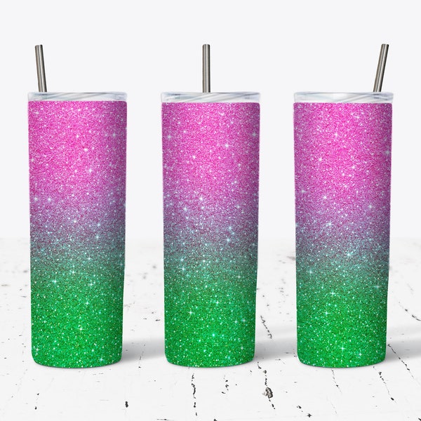 20 OZ  Pink and Green Gradient Ombre Glitter Skinny Sublimation Tumbler  Design - Straight & Tapered Sublimation Wrap Design - Tumbler PNG