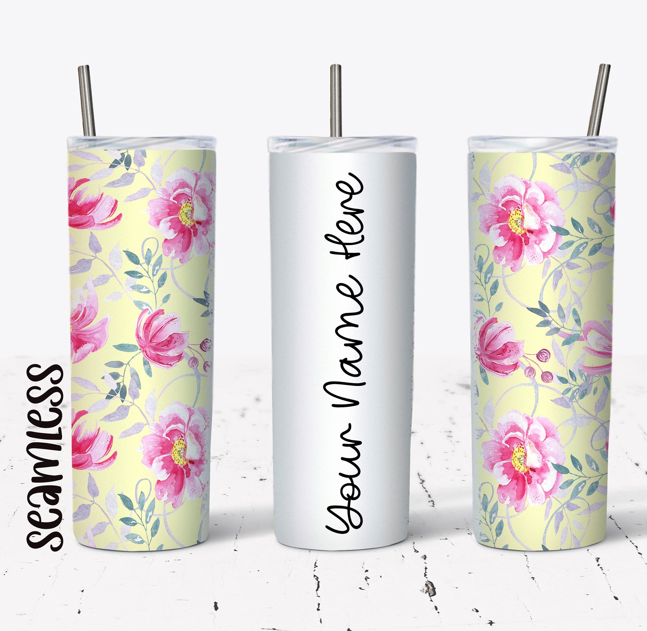 20 OZ Seamless Pink Floral Skinny Tumbler Sublimation Design - Straight ...