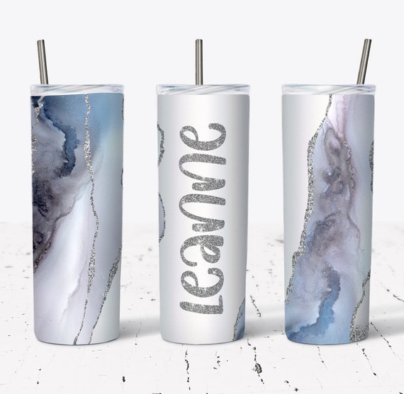 20 OZ Silver Blue Glitter Agate Sublimation Skinny Tumbler Design -  Straight & Tapered Sublimation Wrap Design - Tumbler PNG - Template