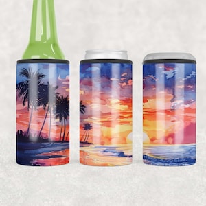 May include: Three insulated beverage holders with a sunset and palm tree design. The holders are in different sizes, one for a bottle and two for cans.