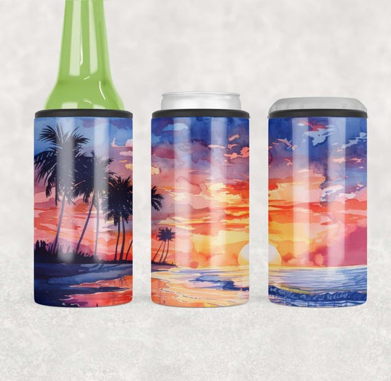 Beach Sunset 4 in 1 Can Cooler Wrap -  Beach Can Cooler Sublimation Design PNG - Instant Digital Download