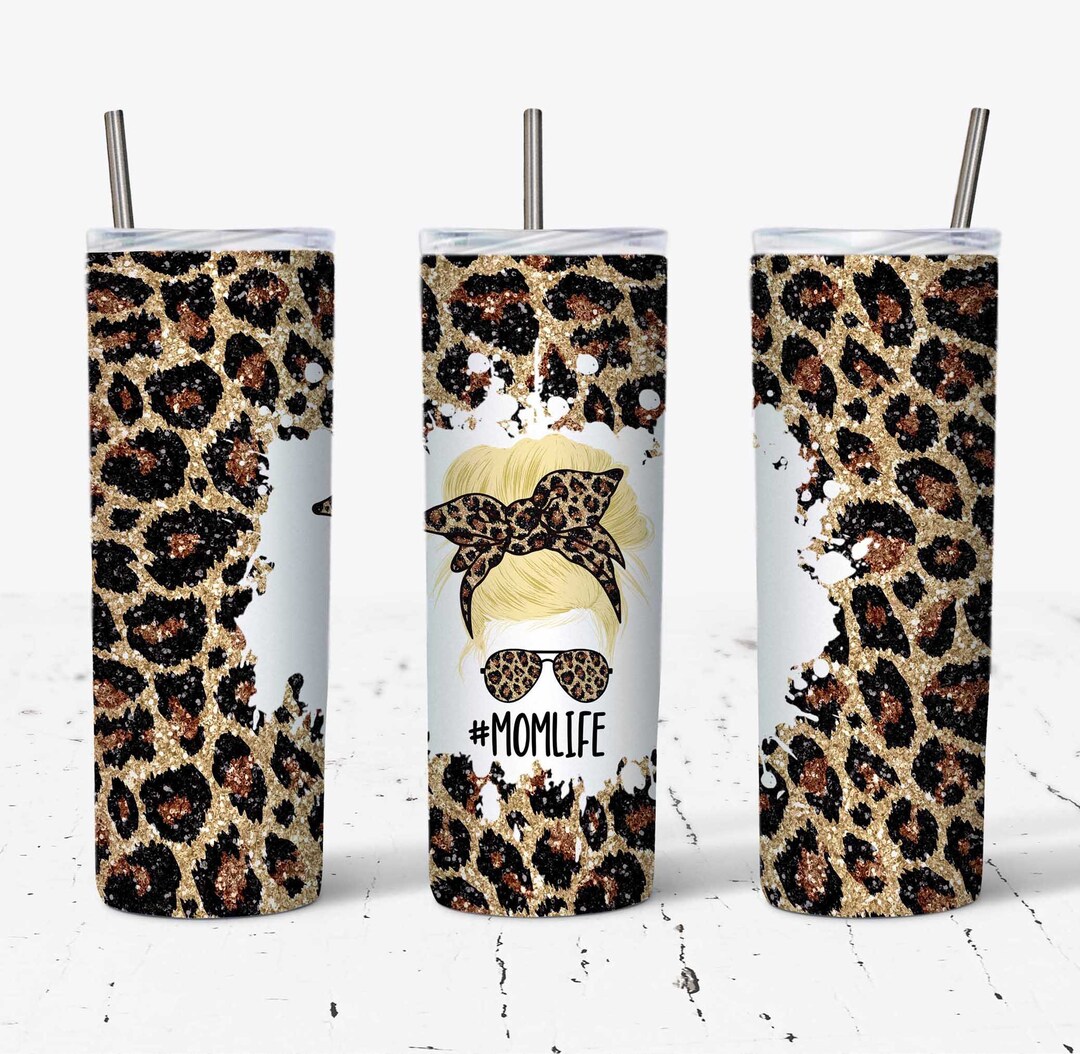 20 OZ Glitter Leopard Blonde Hair Mom Life Messy Bun Skinny Tumbler ...
